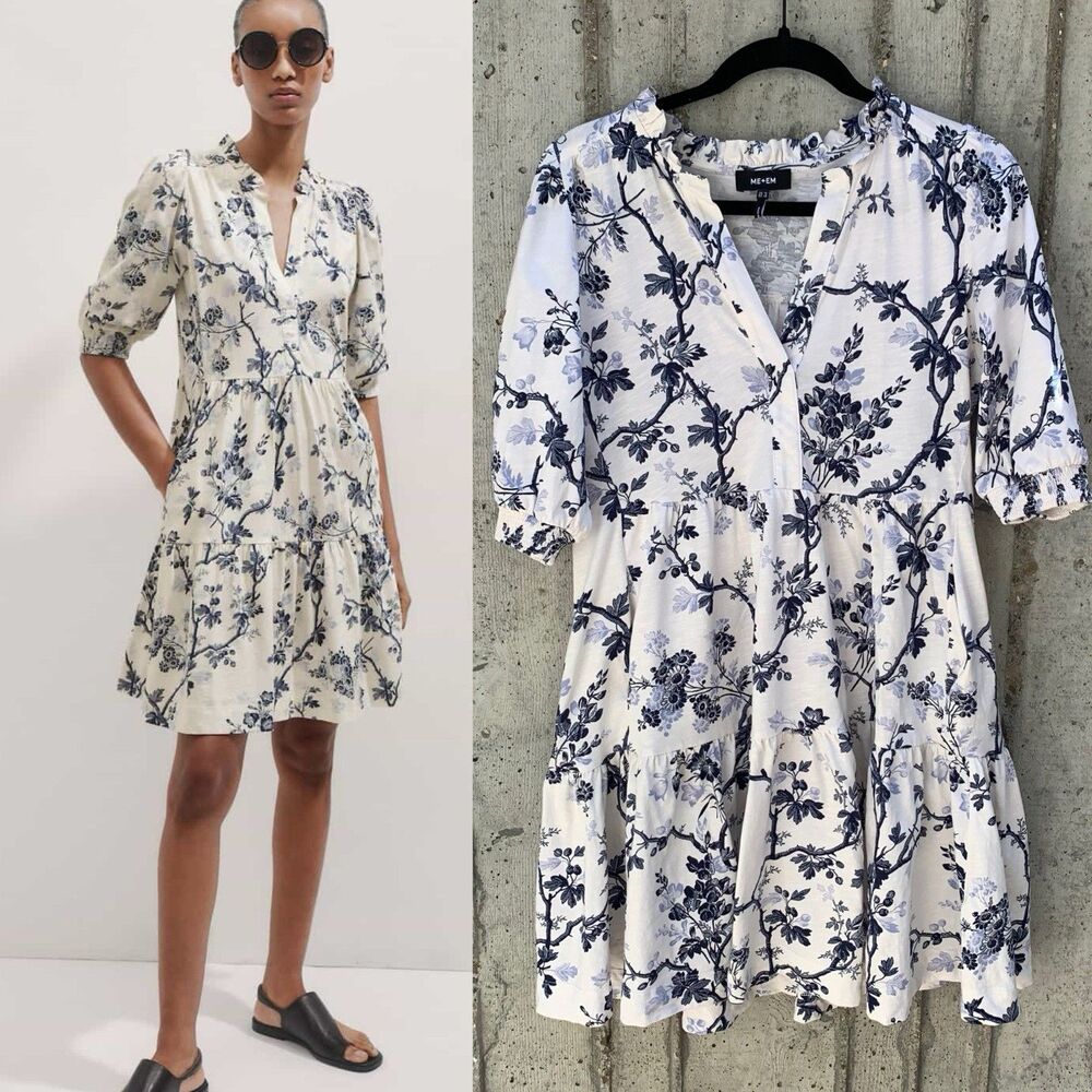 ME+EM Botanical Print Tiered Mini Dress Jersey Cotton Ruffle V-Neck Effortless 6